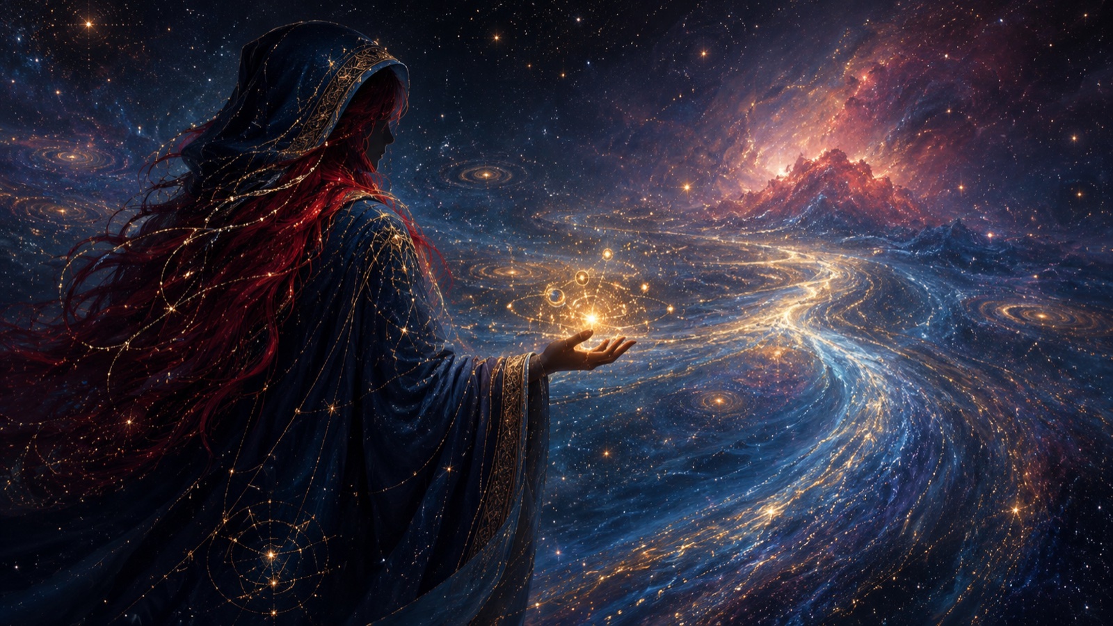 拾光人神性版主視覺 — 紅髮、深藍兜帽袍、星河深處捧光